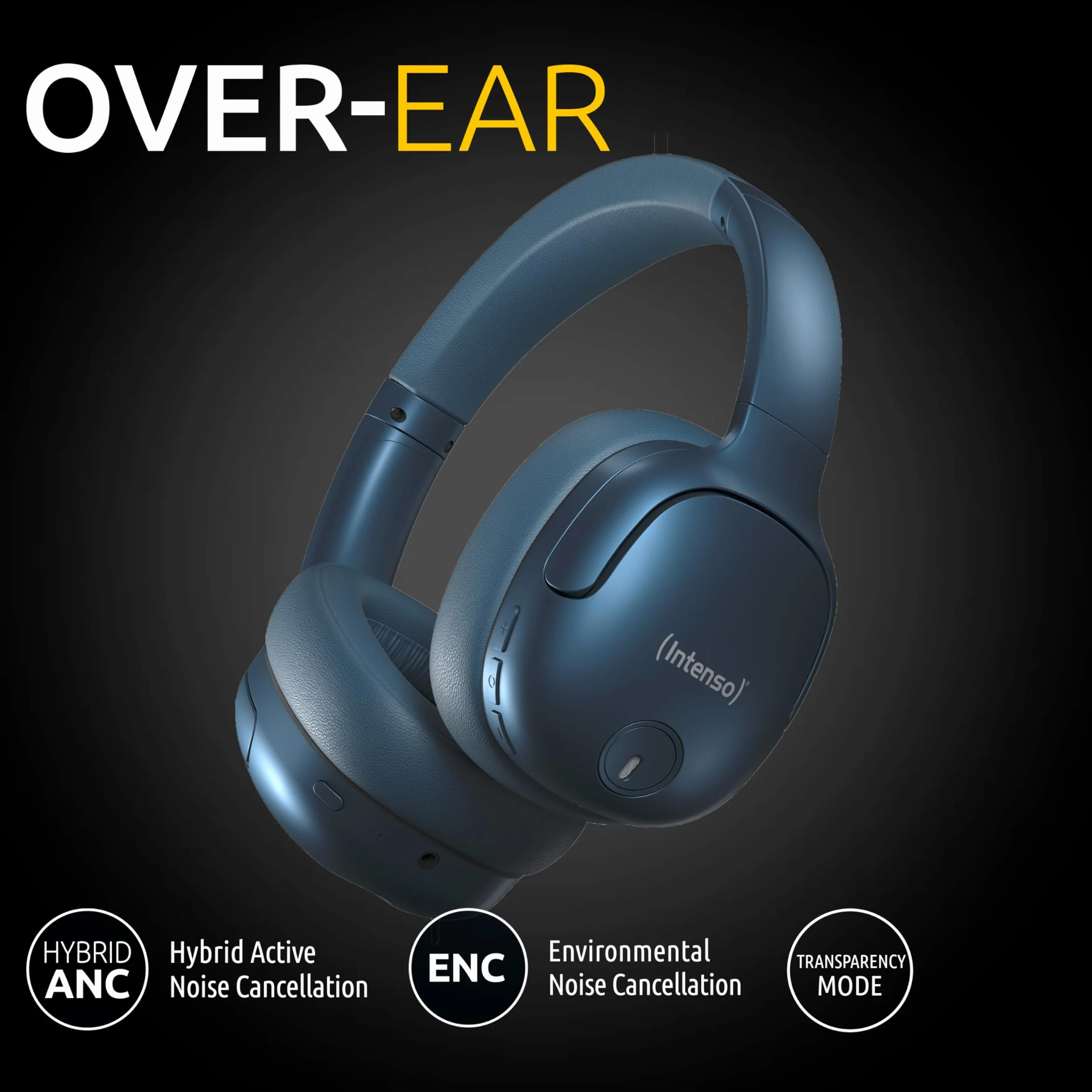Intenso O400HA słuchawki nauszne – Hybrid Active Noise Cancelling, czas pracy do 75 godzin i Bluetooth 5.3, tryb muzyki, tryb przejrzystości i szybki czas ładowania, niebieskie