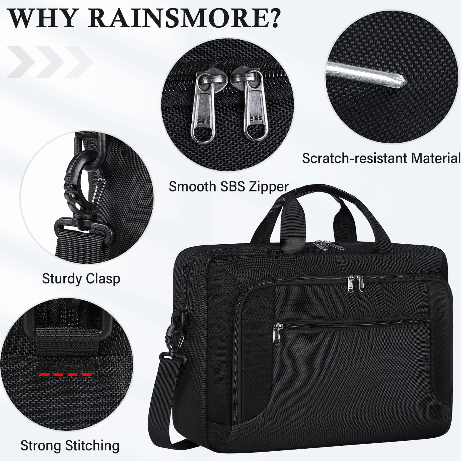 RAINSMORE Torba na Laptopa 17.3 Cala Duża Torba na Ramię Wodoodporna Biznesowa Torba na Komputer Rozszerzalna Aktówka Torba Listonoszka dla Kobiet i Mężczyzn Biznesu Szkoły Czarna