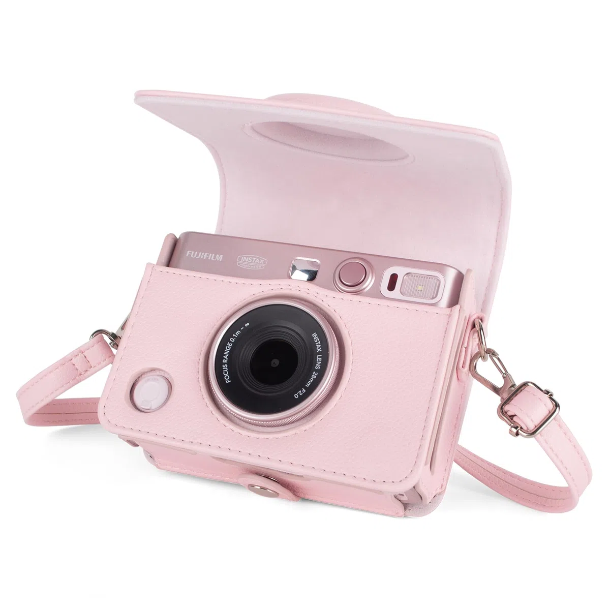 MUZIRI KINOKOO Pokrowiec na aparat Fuji Mini Evo, etui ochronne ze skóry PU kompatybilne z Fuji instant, z paskiem na ramię – kolor miękki różowy, nowoczesny design