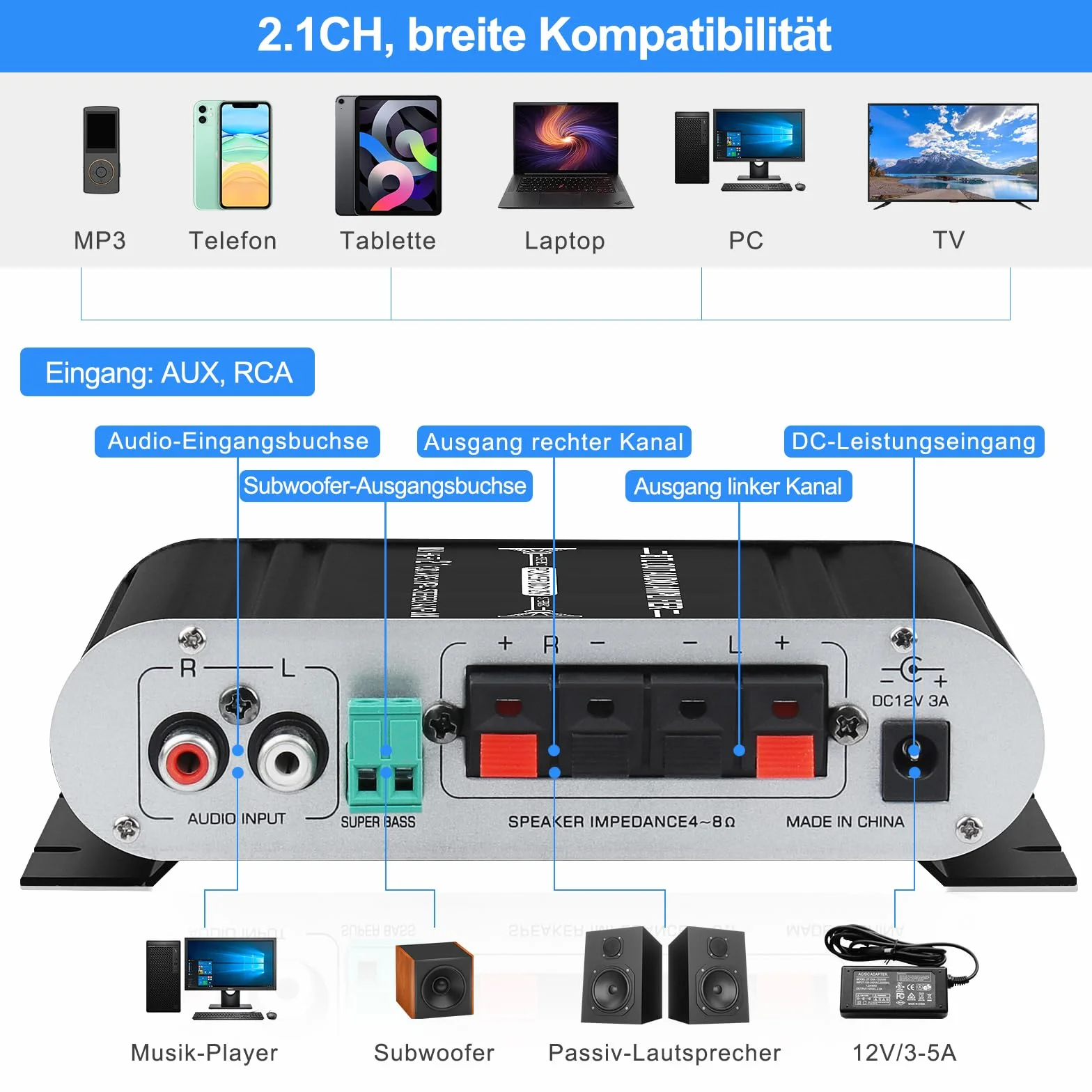 Wzmacniacz audio HiFi, wzmacniacz stereo 2.1 CH, RMS 20 W x 2 + 40 W ST-838 z wyjściem subwoofera, klasa D mini wzmacniacz cyfrowy z AUX do domu, czarny (z adapterem