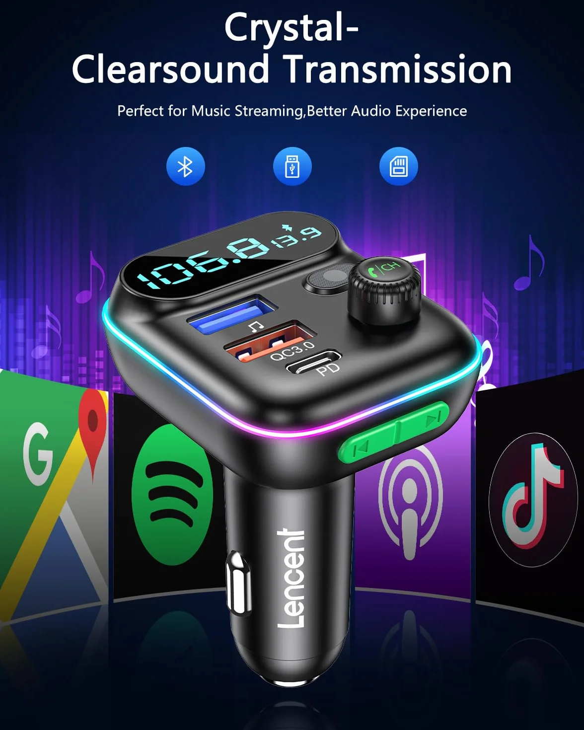 LENCENT Samochodowy nadajnik FM Bluetooth, ładowarka z przyłączem PD3.0 (USB-A) i QC3.0(USB-C), funkcja głośnomówiąca bezprzewodowy samochodowy odtwarzacz,transmiter, MP3, karta TF(micro SD)