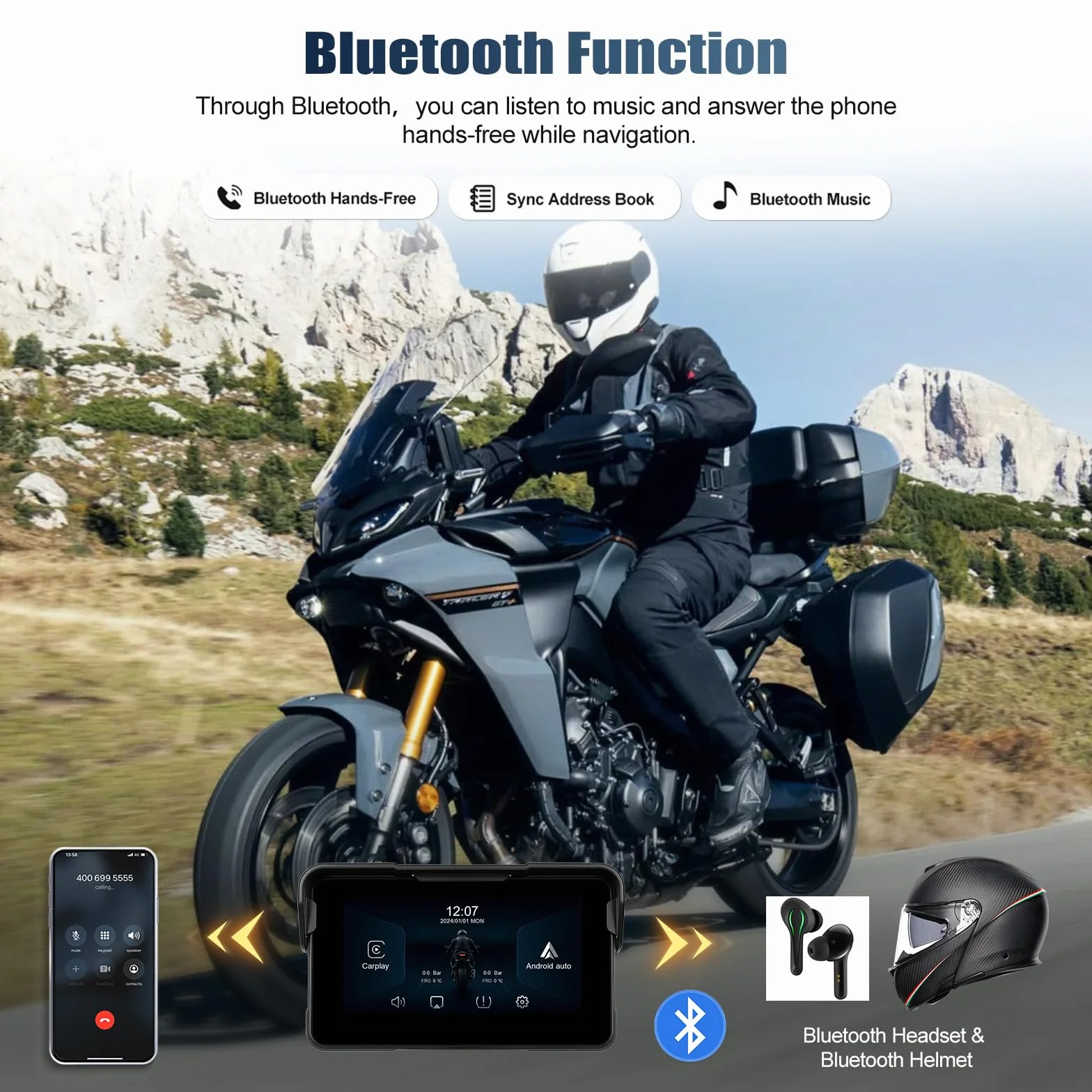 [2026 CARPLAY] CAMECHO 5-calowy bezprzewodowy ekran dotykowy CarPlay do motocykli z Bluetooth i GPS-em – wodoszczelny (IP67) uniwersalny monitor samochodowy/motocyklowy 12 V z funkcją Android Auto