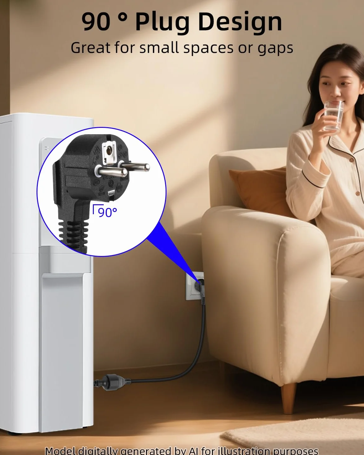 Schuko 90° Krótki przedłużacz, 3G1,5mm² z wtyczką męską i wtyczką żeńską, przedłużacz uziemienia, czarny