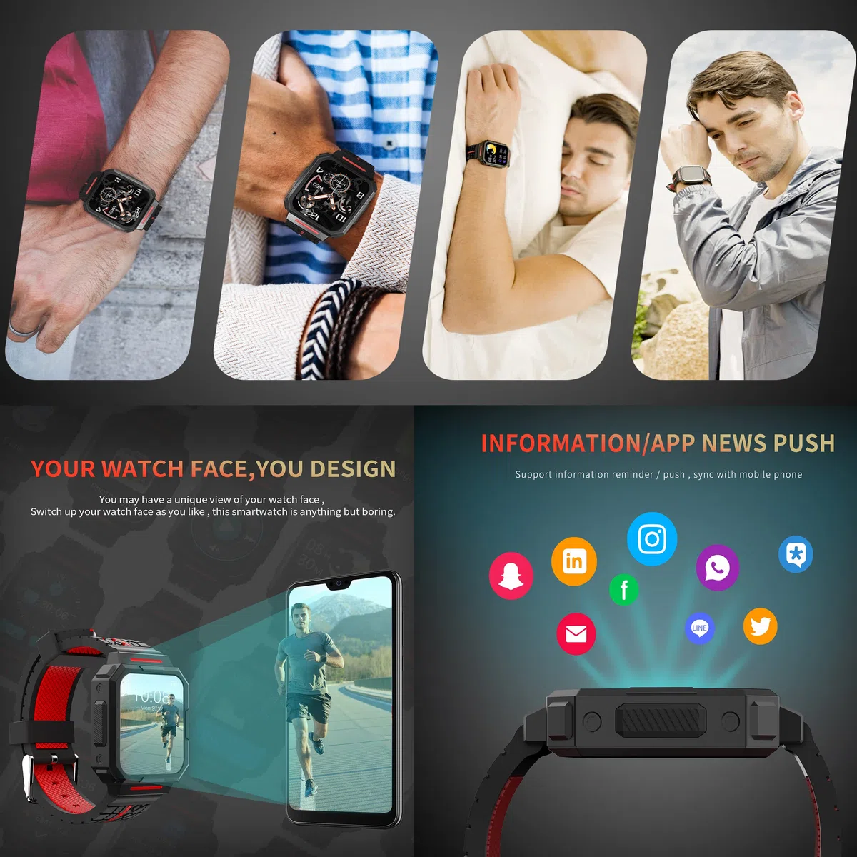 Smartwatch dla mężczyzn, 1,69 cala Wodoodporny IP68 Bransoletka Aktywność 22 Tryby Sportowe z Pulsometrem Monitora Uśpienia Monitora aktywności Stoper Kalorie Krokomierz dla Androida iOS