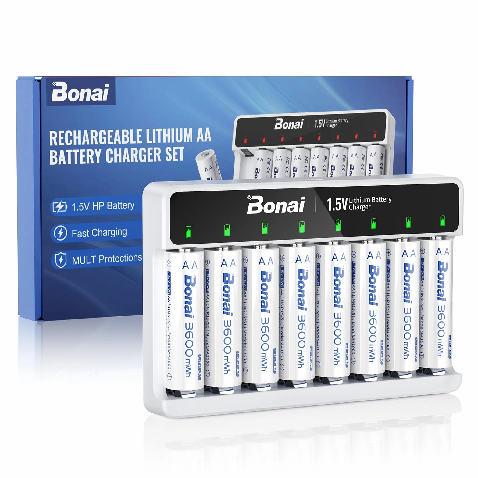 BONAI Baterie litowe AA 1,5 V 3600 mWh 8 sztuk z ładowarką do kamery Smart Lock latarki