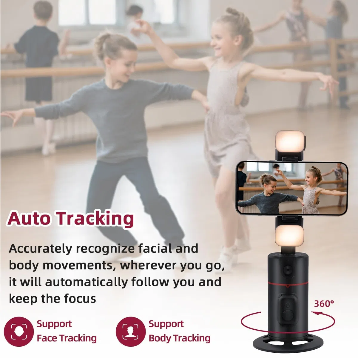 Mcbazel 360 Rotating Smart Face/Body Shooting Holder,Auto Face Tracking Tripod,Rechargeable Selfie Stick Phone Tripod with Fill Light for Vlog,Streaming,Video,Tiktok (Upgraded Version/No App)