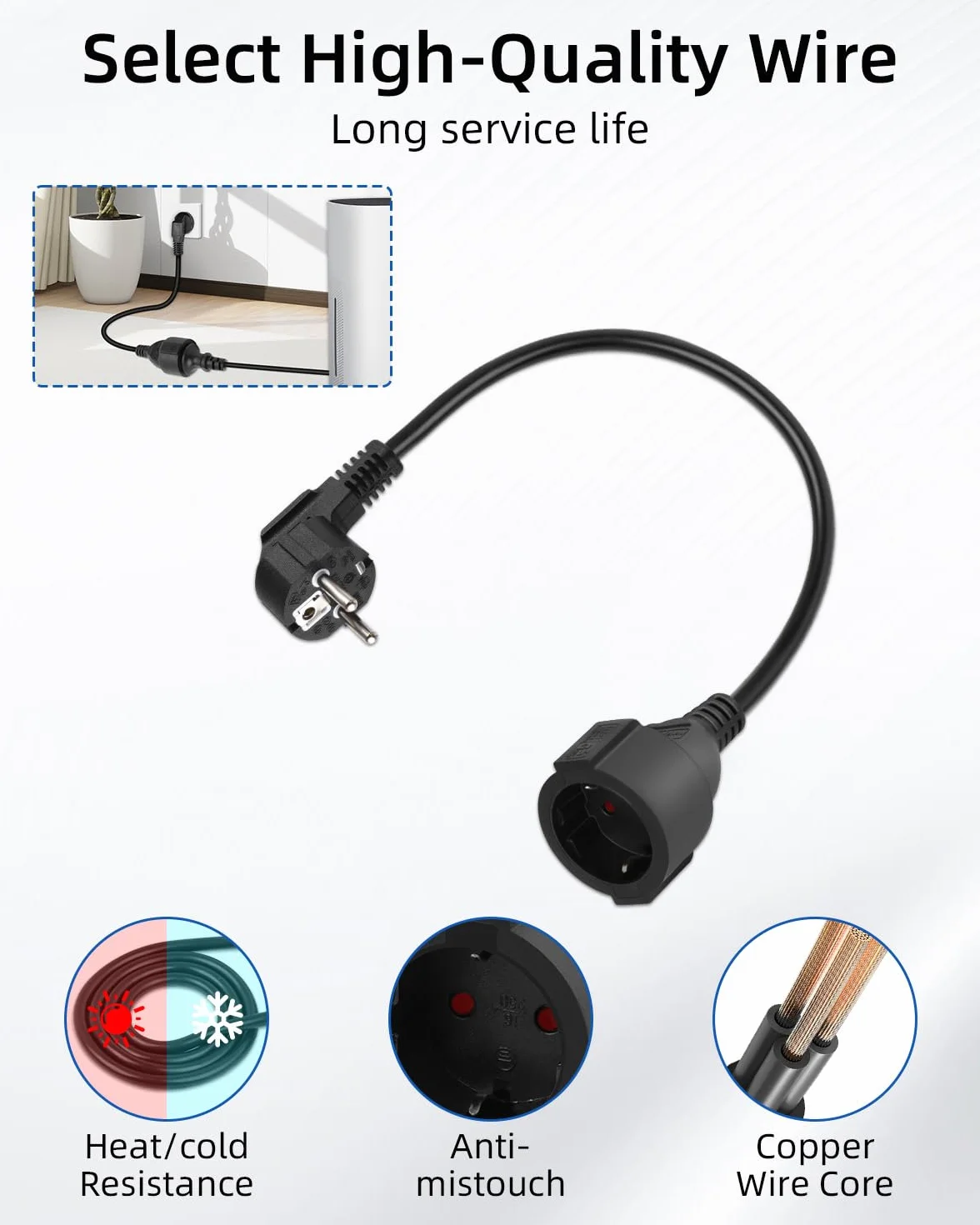 Schuko 90° Krótki przedłużacz, 3G1,5mm² z wtyczką męską i wtyczką żeńską, przedłużacz uziemienia, czarny