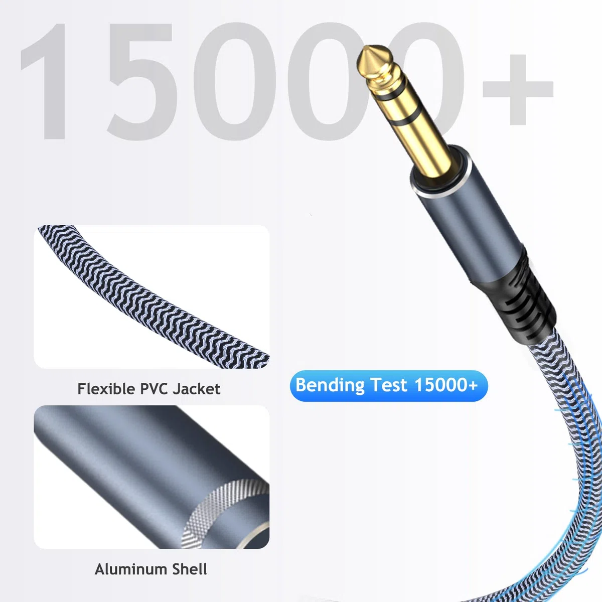 Przedłużacz 1/10.2 cm, 15 m, męski na żeński kabel do słuchawek stereo, kabel do gitary miedziany, pozłacane złącza, nieplączący się, kompatybilny z konsolą miksującą, głośnikiem