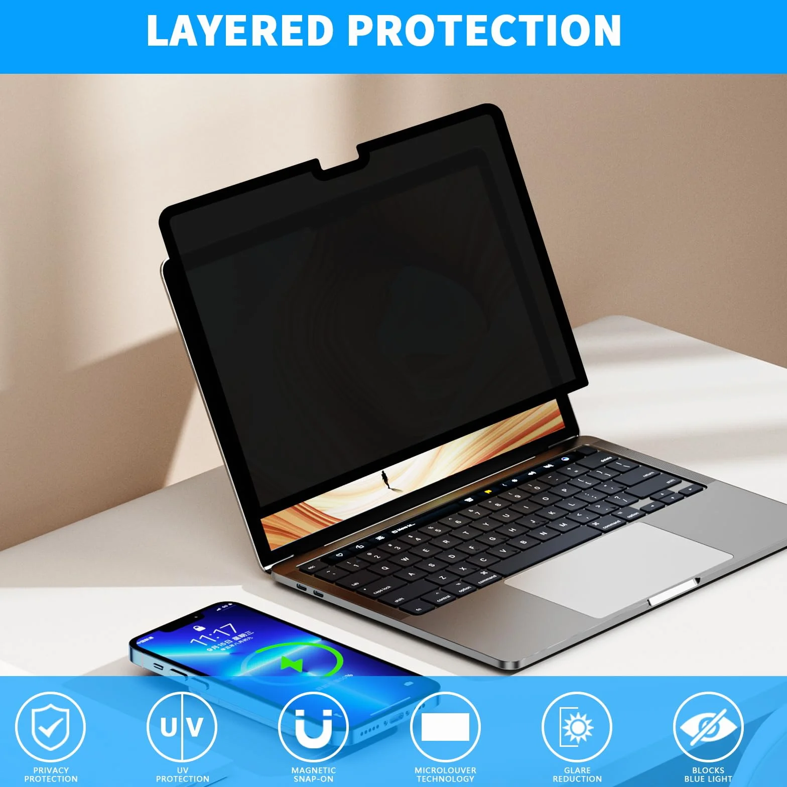 Nano Adsorpcyjny filtr prywatności do MacBooka Pro 14" (2021-2024, M1/M2/M3/M4 Pro/Max) HD odporny na zarysowania ochrona przed niebieskim światłem