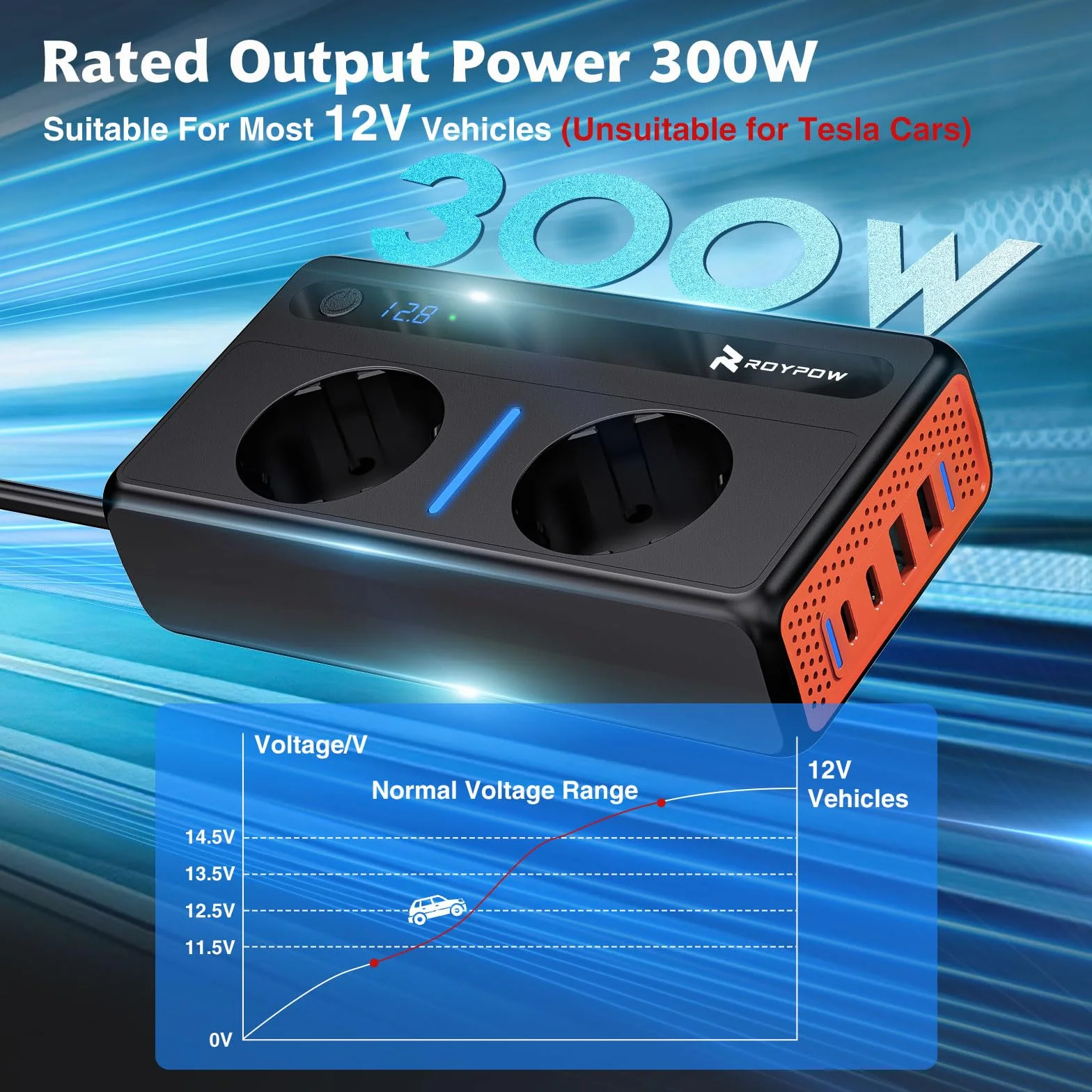 RoyPow Samochodowa przetwornica napięcia 300 W, falownik DC 12 V na AC 230 V z 2 gniazdami i 4 portami USB, szybkie ładowanie, ładowarka samochodowa z wtyczką do zapalniczki samochodowej