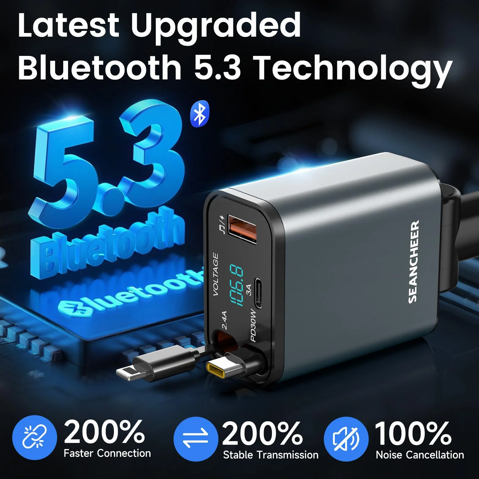 SEANCHEER Adapter Bluetooth do samochodu i zapalniczki samochodowej USB C, 69 W, ładowarka samochodowa z 2 zwijanymi kablami, transmiter FM