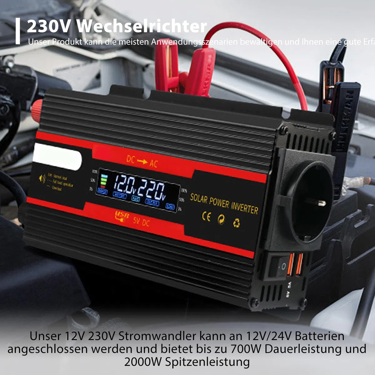 Przetwornica napięcia DC 12 V/24 V na AC 230 V, zmodyfikowana fala sinusoidalna, fala solarna 700 W/2000 W z gniazdami UE, 2 adaptery USB do samochodów osobowych, ciężarowych, przyczep kempingowych