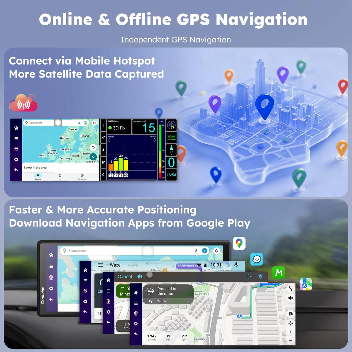 CARPURIDE W903Plus Bezprzewodowy CarPlay i Android Auto 4+64 GB, 9,3-calowy ekran dotykowy HD IPS CarPlay do samochodu, GPS online i offline, Mirror Link, Bluetooth, antena GPS, kamera cofania