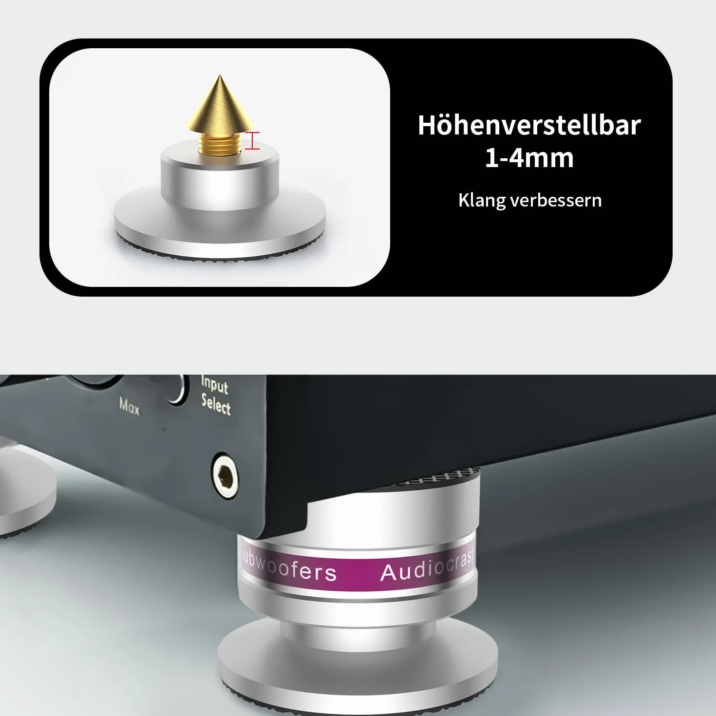 Tertullus Zestaw 4 kolców z regulacją wysokości subwoofera, zestaw z podstawką i nóżką, nóżki HiFi, do głośników, subwoofera, nośność 50 kg