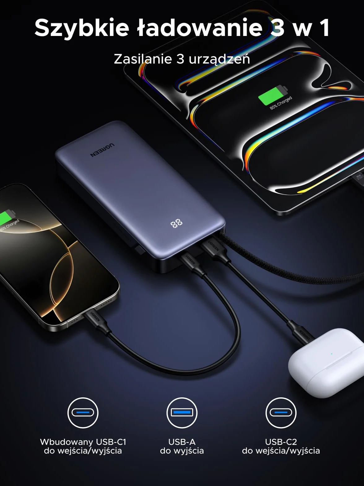 UGREEN Power Bank 20000 mAh 45W zintegrowany kabel USB-C dwukierunkowe zasilanie zewnętrzna bateria Galaxy S25+/Ultra