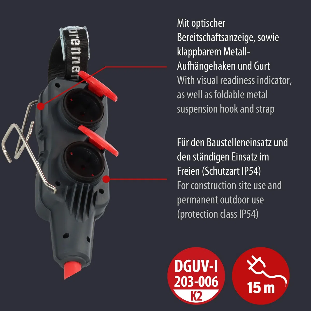 Brennenstuhl Professional listwa zasilająca z przedłużaczem – listwa zasilająca z 4 gniazdami, kabel 15 m w kolorze czarnym, zastosowanie na placu budowy i stałe zastosowanie na zewnątrz, IP54