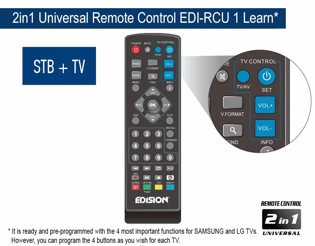 EDISION Universal Remote Control EDI-RCU 1 Learn - 2-in-1 Programmable for TV i Receiver, Kompatybilny z PICCO T265+ i NANO T265+