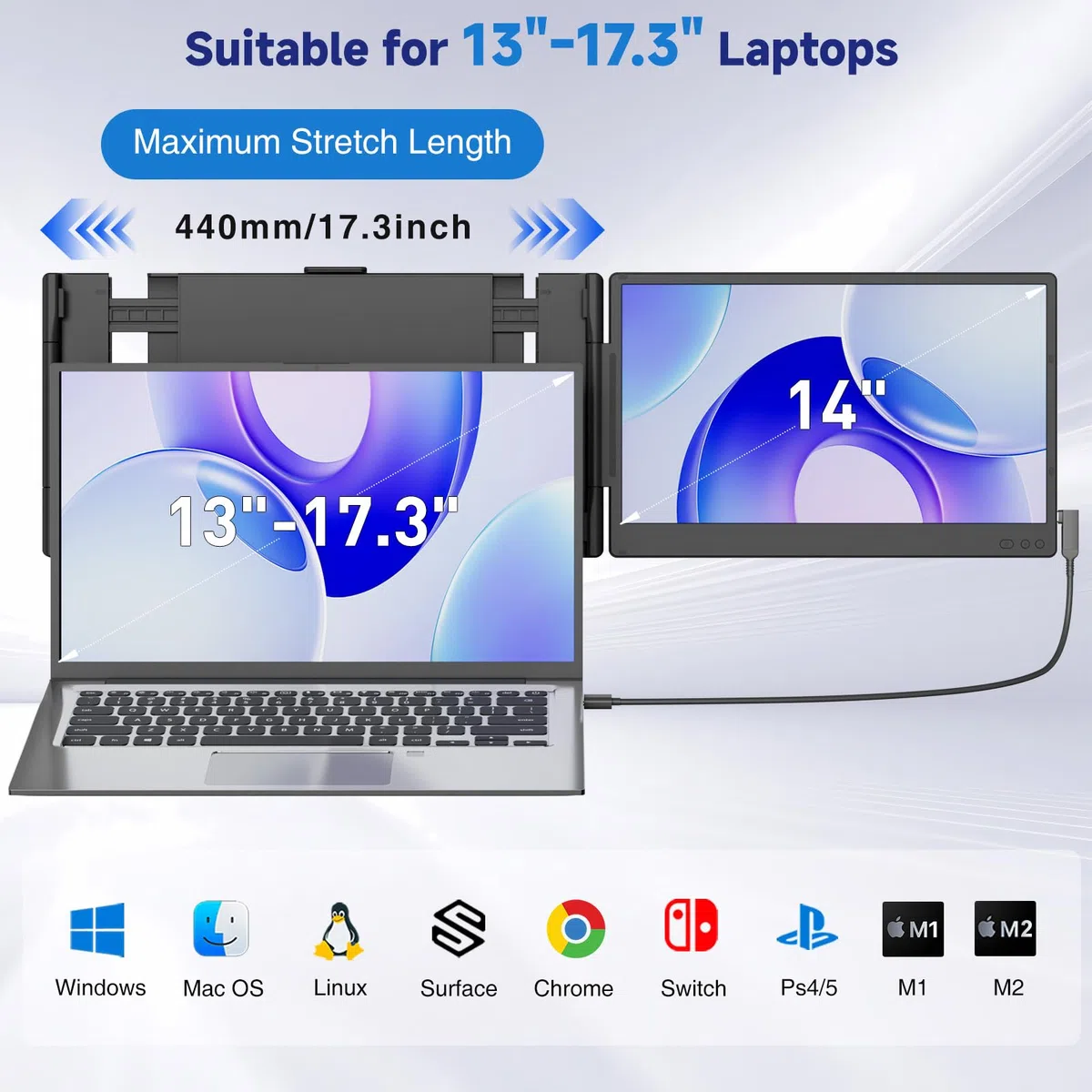 Rozszerzenie ekranu laptopa, podwójne rozszerzenie ekranu IPS FHD 1080P 14„, przenośny monitor do laptopów 13-17,3”, podwójny ekran Plug & Play dla Windows/Mac z portem USB C/HDMI