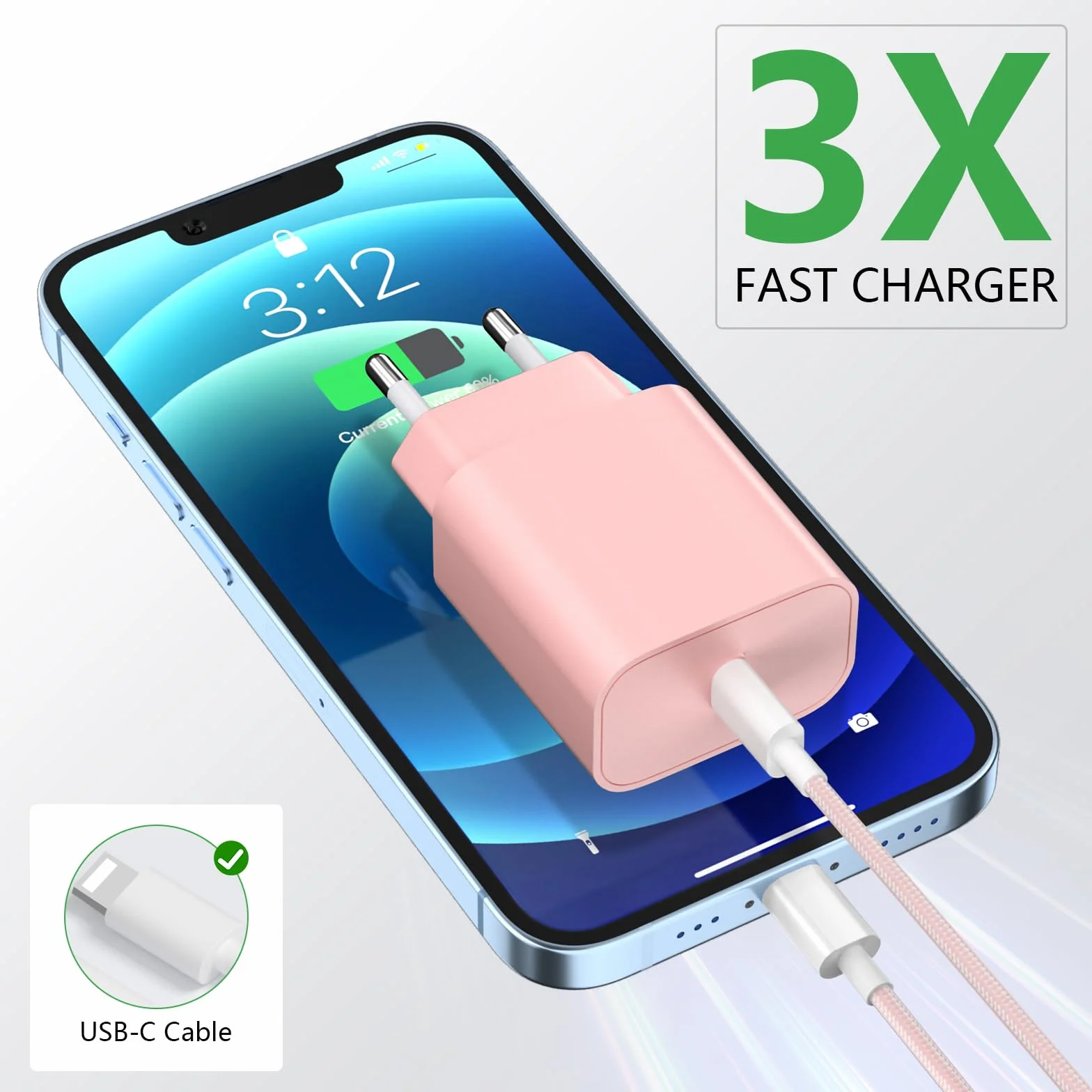 2Pack 20W USB C Ładowarka Phone 14 13, PD3.0 USB-C 20W Szybka Ladowarka i Lighting Kabel Ladowania 2m do Phone 14/14 Plus/14 Pro/14 Pro Max/13/12/11/Mini/SE/Pad - Różowy