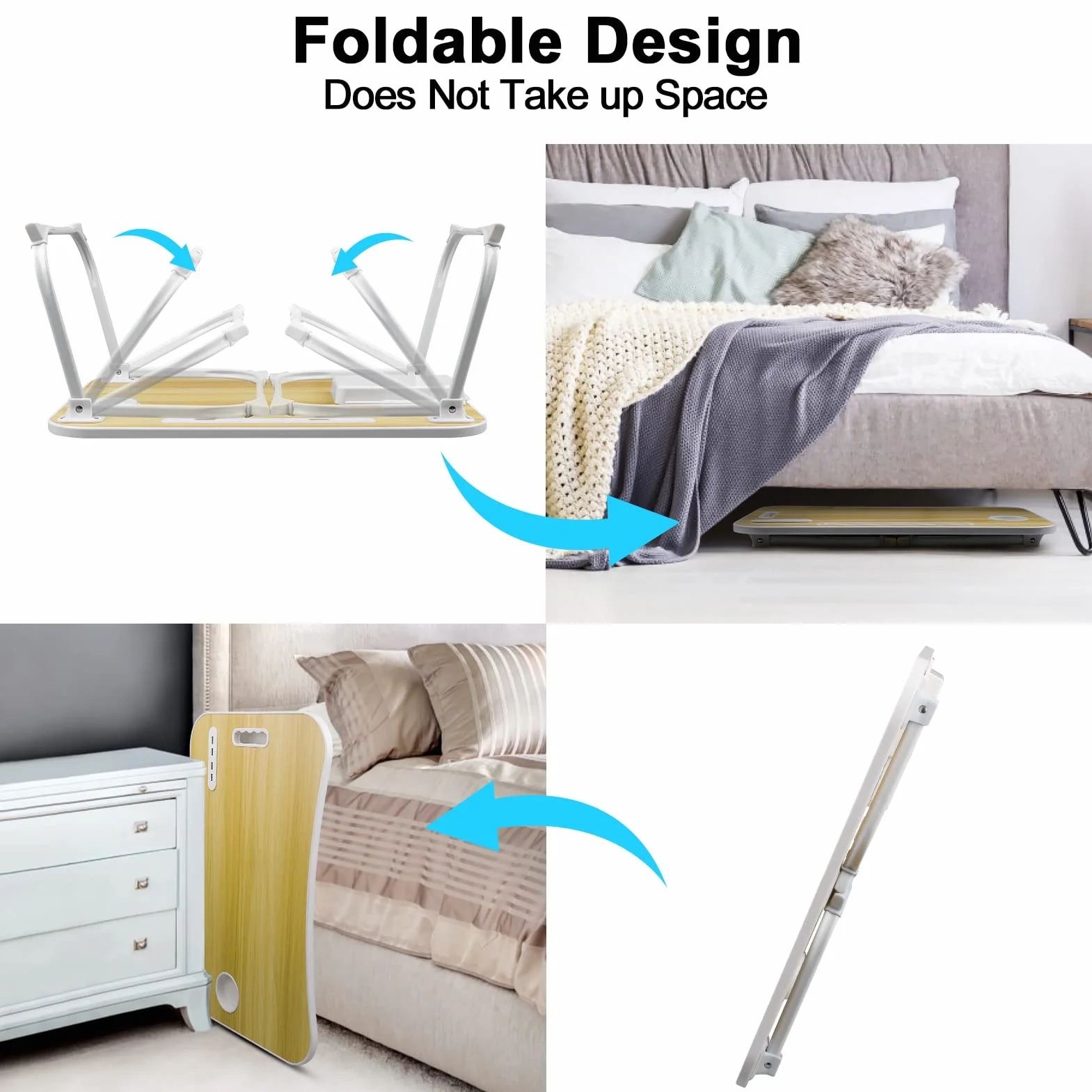 Stolik Pod Laptopa, Składany Stolik z 4 Portami USB do ładowania, Szufladą, Podstawka pod Tablet, Miejscem na Kubek, Uchwytem do Przenoszenia, do łóżka, Sofy, Podłogę (60x40cm, Kolor Drewna)