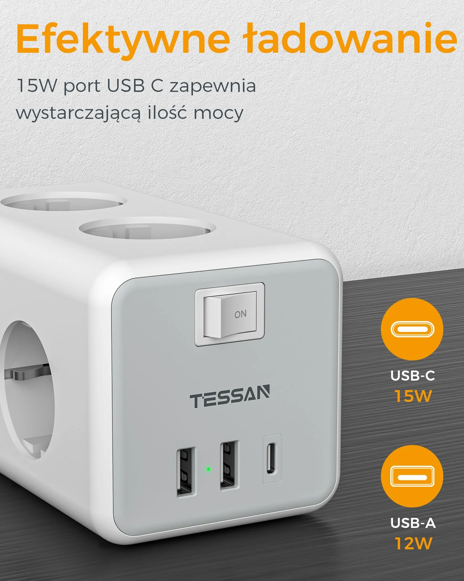TESSAN Listwa zasilająca USB C, 9 w 1 przedluzacz elektryczny z 3 USB porty, listwy zasilające z wyłącznikami, przedłużacz elektryczny 2M, listwa USB do domu, biura, 3600W, szaro biały
