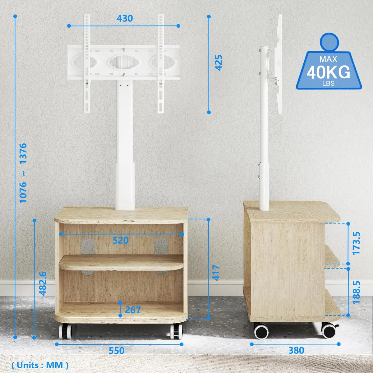 5Rcom Biały stojak na telewizor na kółkach do telewizorów 81.3-165.1 cm LED LCD OLED, płaskie, zakrzywione, szafka pod telewizor z regulacją wysokości z uchwytem do 40 kg, mobilny stojak na telewizor