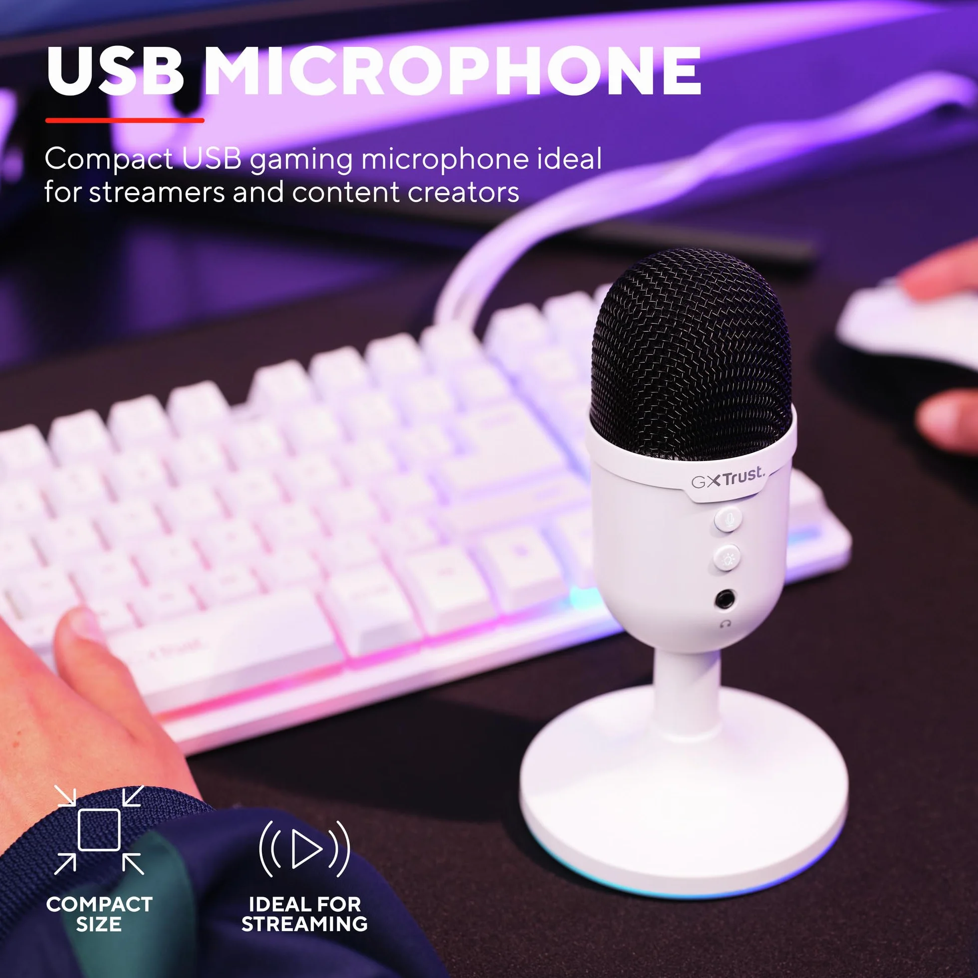GXTrust 236W Yami Mikrofon pojemnościowy USB do Podcastów, Twitch Discord ASMR Youtube Playstation 5, mikrofon do gier z kardioidalnym wzorem nagrywania, podświetlenie RGB, biały