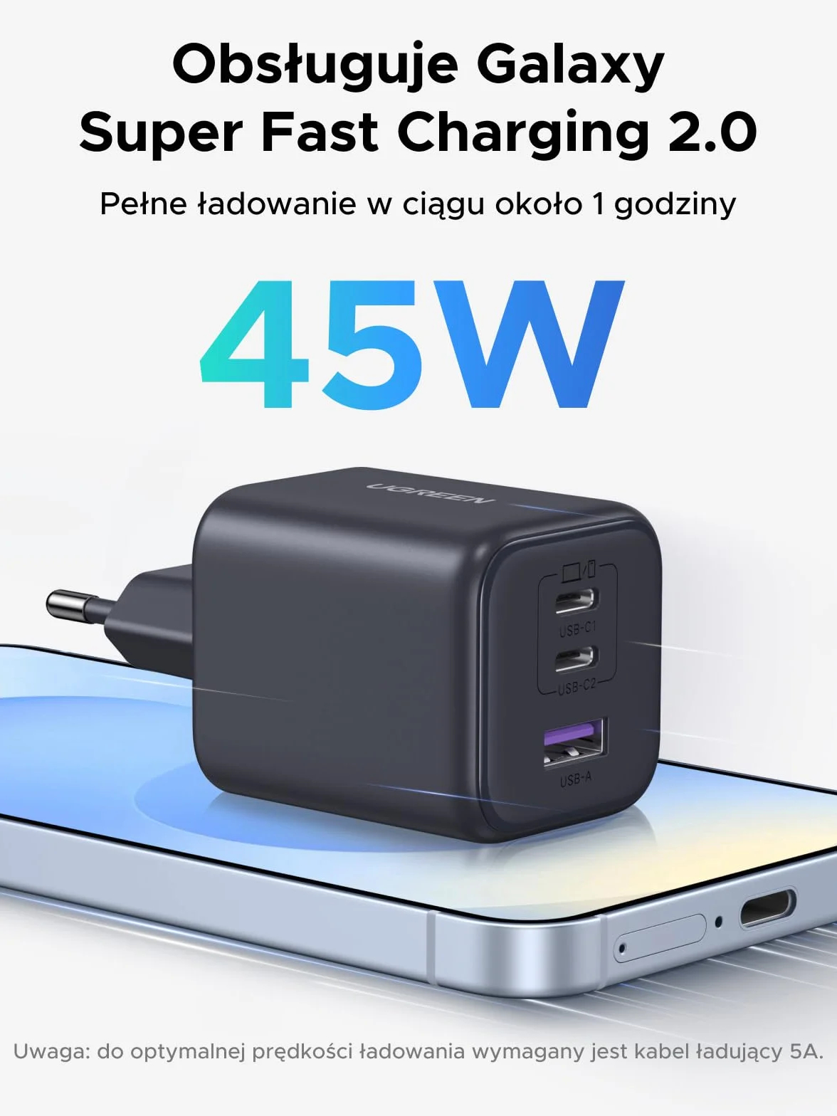 UGREEN 45W ładowarka USB C 3-portowa szybka ładowarka PPS 25W zasilacz PD ładowarka GaN adapter kompatybilny z Galaxy S25 Ultra, S24, iPhone 16 Pro Max, MacBook Air, iPad, Tab A8, Pixel 9, HomePod