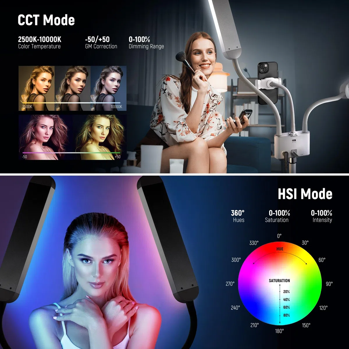 NEEWER BH40C Zestaw RGB, zestaw pałeczek świetlnych RGB, sterowanie aplikacją/paskiem dotykowym, dwuramieniowe oświetlenie wideo LED, uchwyt na telefon/statyw/torbę, 2500K-10000K 18 scen do tatuażu i