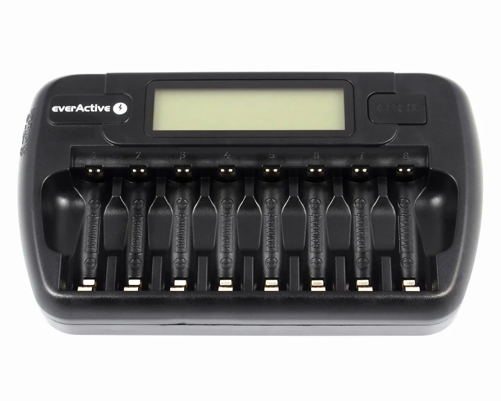 everActive Ładowarka do 8 akumulatorów AAA AA, szybkie ładowanie - 4 godziny zestaw akumulatorów, wyświetlacz LCD, tryb odświeżania, adapter samochodowy, model: NC-800