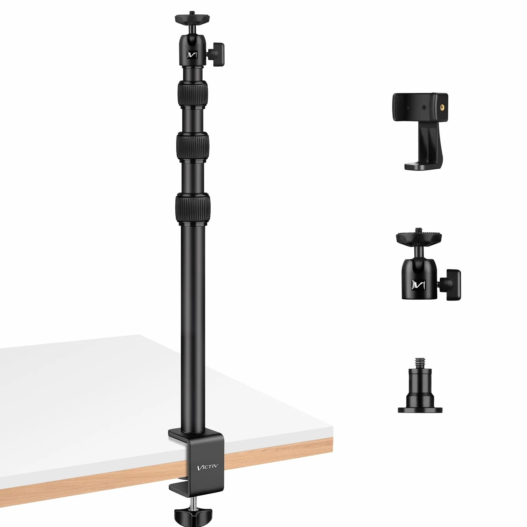 Victiv Uchwyt na biurko do aparatu, regulowany aluminiowy stojak stołowy 36.8–104.9 cm, stojak stołowy C z głowicami kulowymi 1/10.2 cm do smartfonów, kamery, kamery internetowej, światła