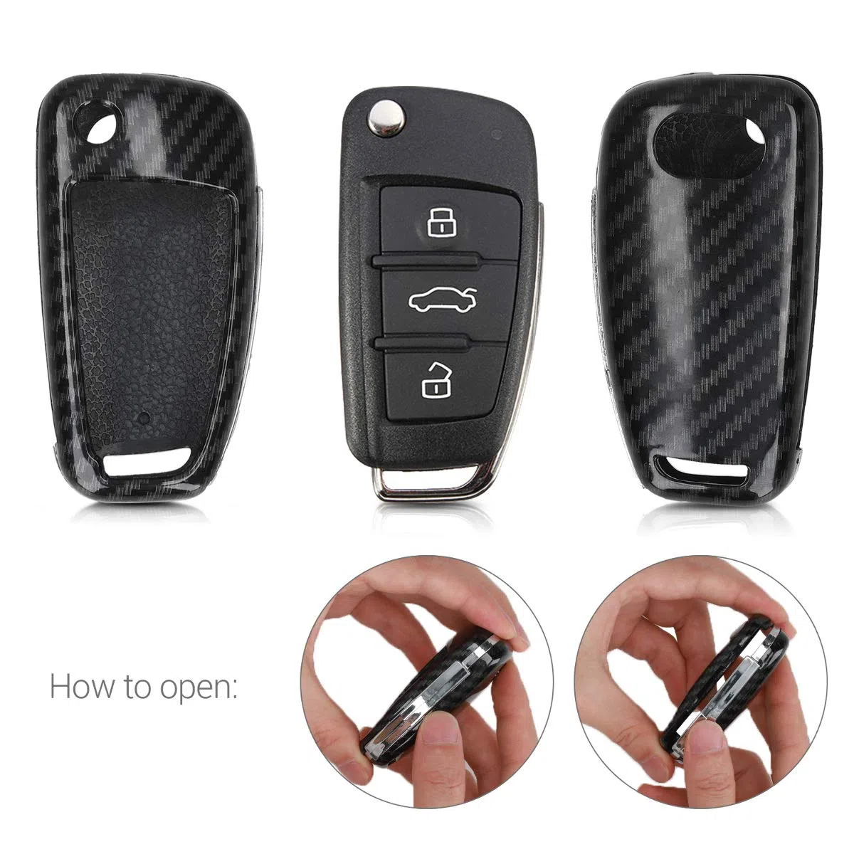 kwmobile Pokrowiec na kluczyki samochodowe kompatybilny z Audi 3 przyciskami Flip Key - twarda obudowa - czarny węglowy