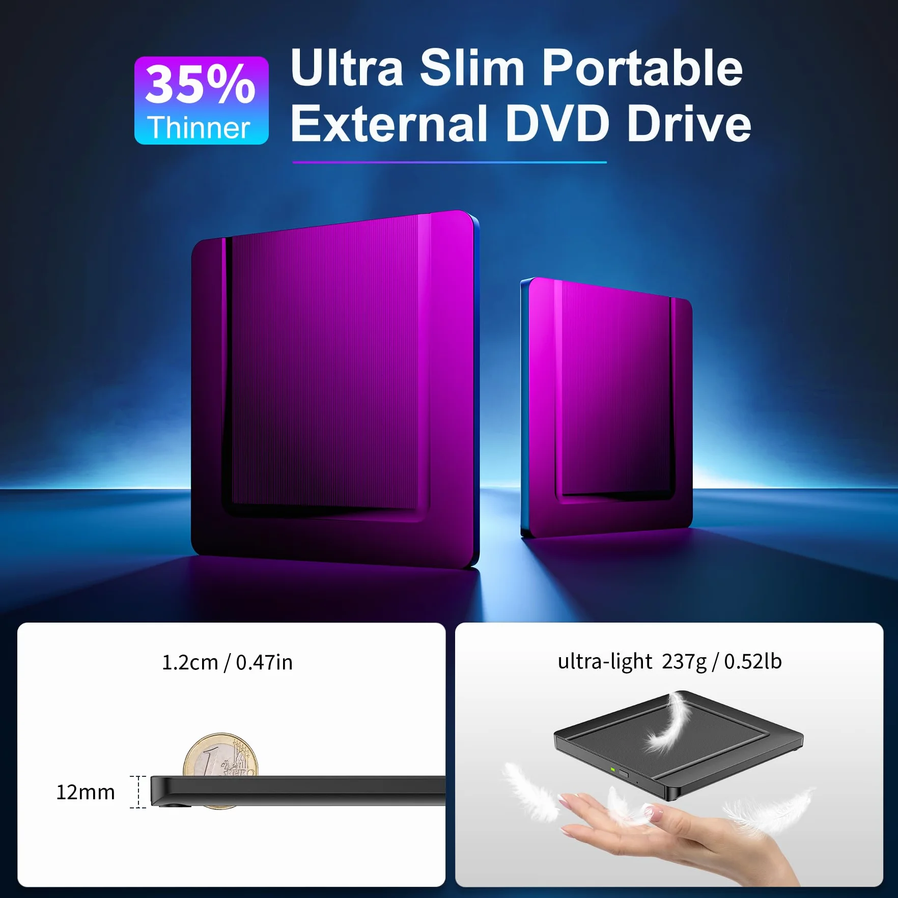 BHHB Zewnętrzne napędy CD/DVD, zewnętrzny napęd CD/DVD+/-RW USB 3.0, nagrywarka CD, czytnik DVD, kompatybilny z laptopami, komputerami stacjonarnymi, komputerami Mac, Windows 11/10/8/7 (ultracienki)