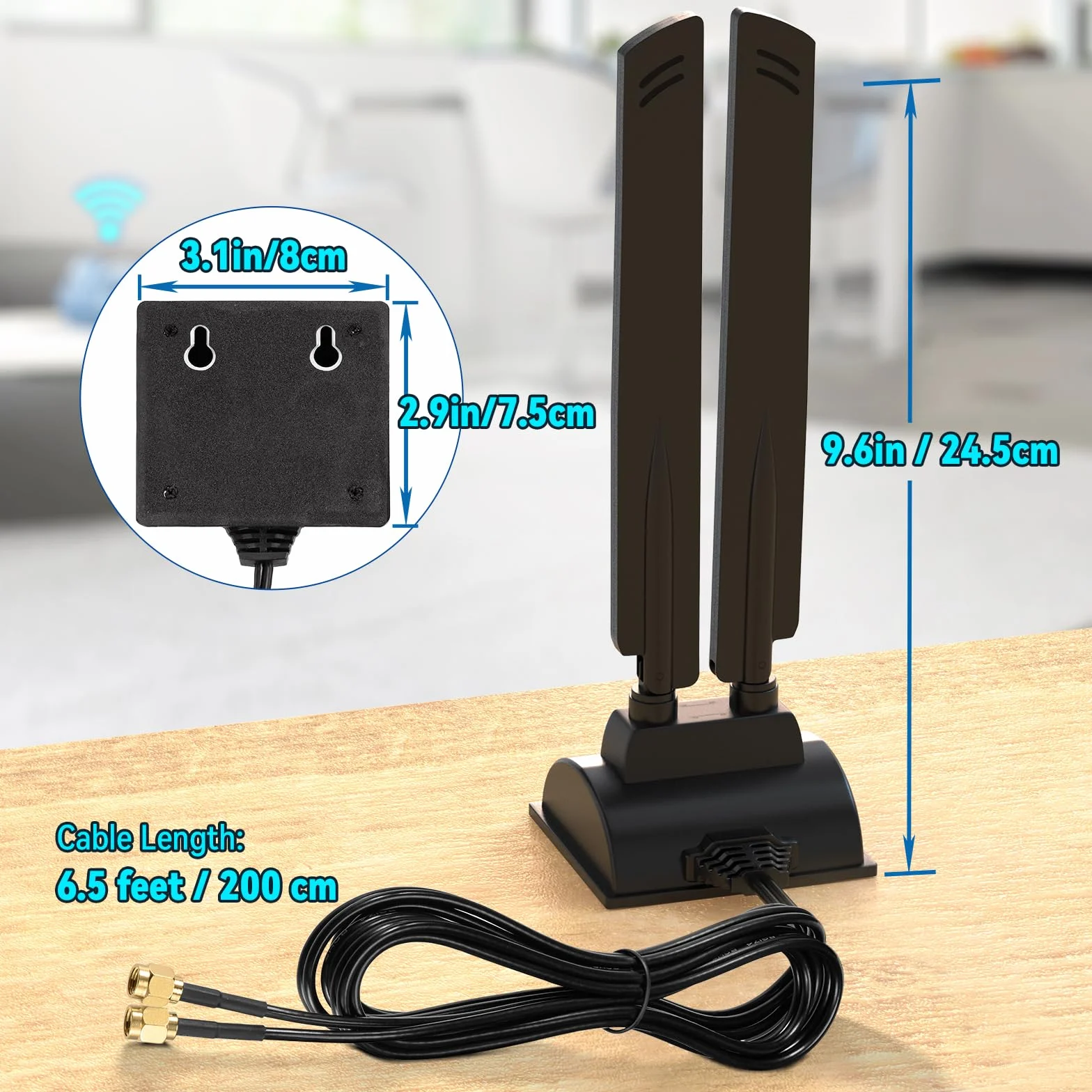Eightwood Tri Band WiFi 6E Antena RP-SMA z magnesowym uchwytem 200 cm przedłużaczem kabla do PC Router WiFi 6