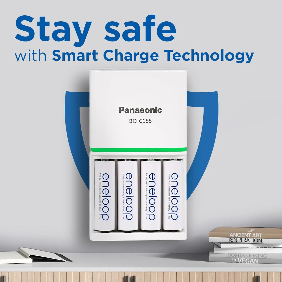 Panasonic eneloop SmartPlus ładowarka do 1-4 baterii AA/AAA Ni-MH, 4 wskaźniki LED i 10 funkcjami bezpieczeństwa, w tym 4 akumulatory eneloop AA/Mignon, zwiększona pojemność min. 2000