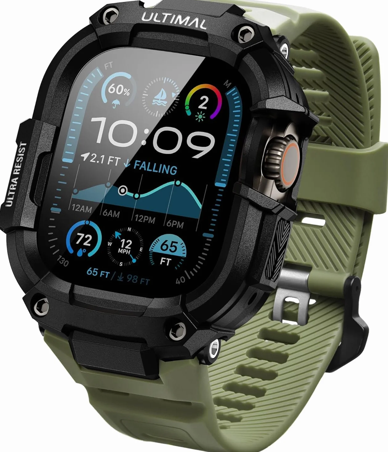 Etui ochronne ULTIMAL z paskiem do Apple Watch Ultra 49mm, wojskowy bumper, zielony
