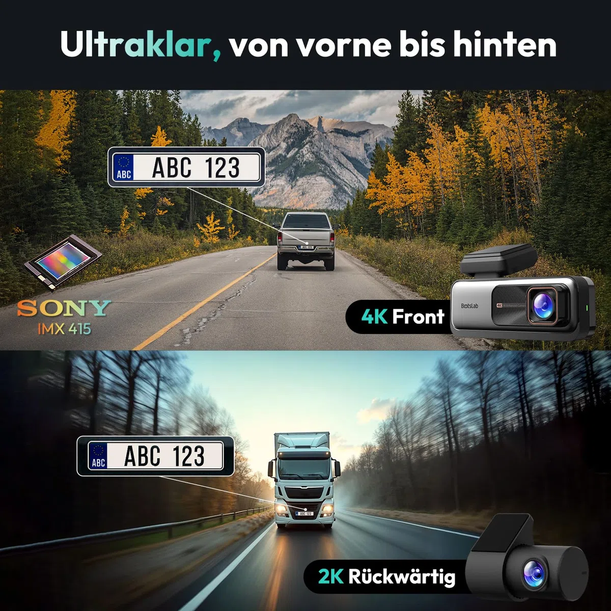 BOTSLAB 4K STARVIS kamera samochodowa z przodu, z tyłu, bezprzewodowa, WiFi, kamera samochodowa z GPS, ADAS, sterowanie głosem, bezpłatna karta 64 GB, widoczność w nocy, WDR, IPS, 2,45" IPS