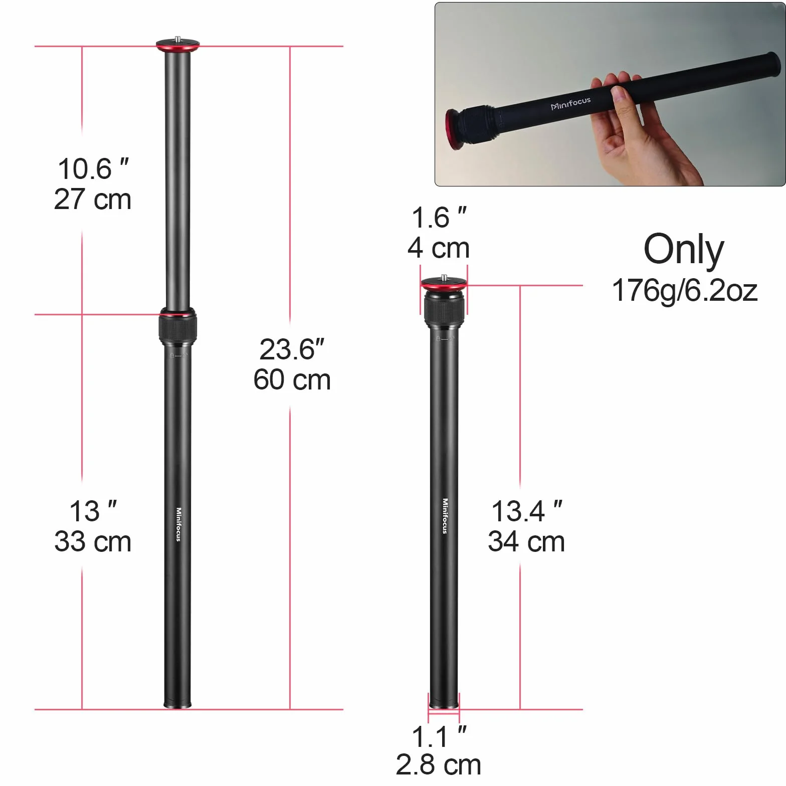 Przedłużenie statywu, 2 sekcyjne kolumny środkowe, rura przedłużająca do statywu ze stopu aluminium 23,4", drążek teleskopowy ze śrubą 1/4", 3/8", kompatybilny ze statywem/gimbalem/kamerą, maksymalne