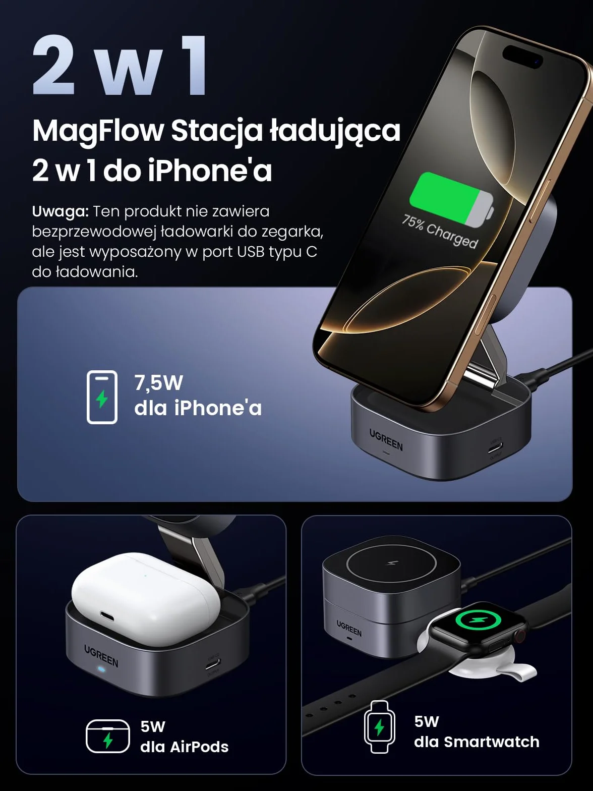 UGREEN MagFlow Składana podstawka ładująca 2 w 1 do iPhone'a kompatybilna z ładowarką MagSafe do iPhone'a 17,Air,17 Pro,17 Pro Max, 16,15,14,13,12, AirPods, podstawka ładująca z regulacją kąta