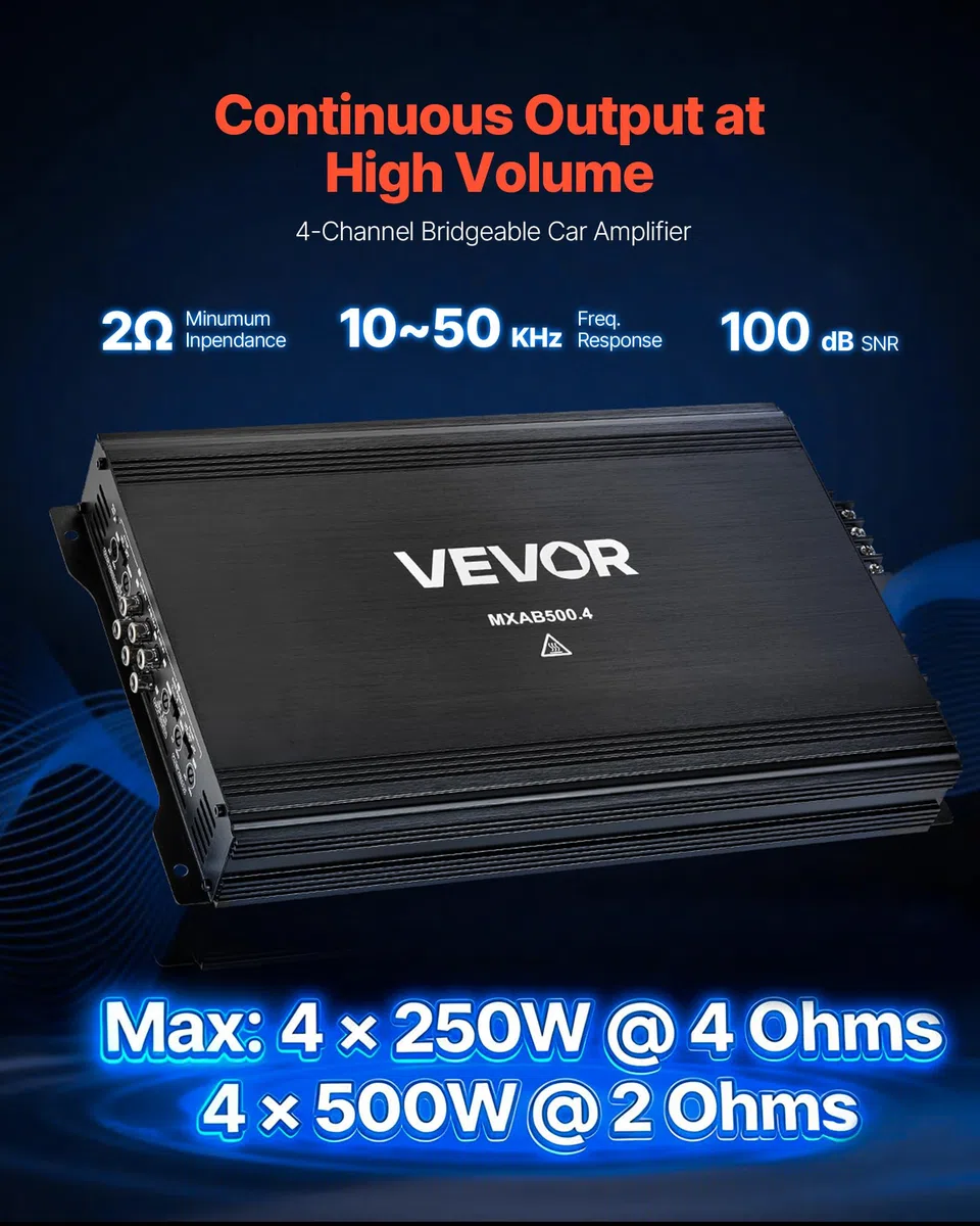 VEVOR 4-kanałowy samochodowy wzmacniacz audio 2 omy stabilny mostkowy klasa A/B pełny zakres wzmacniacza maksymalna moc 4 x 250 W przy 4 omach / 4 x 500 W przy 2 omach do samochodów SUV ciężarówek
