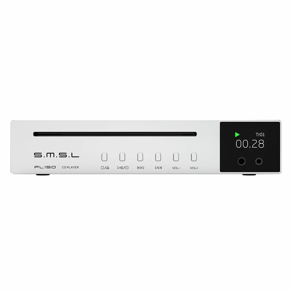 Odtwarzacz CD SMSL PL150, kompatybilny ze standardowymi płytami CD, MP3 CD. Obsługuje słuchawki RCA, 3,5 mm + 4,4 mm, optyczne, koncentryczne interfejsy wyjściowe, układ DAC CS43198, nadaje się do