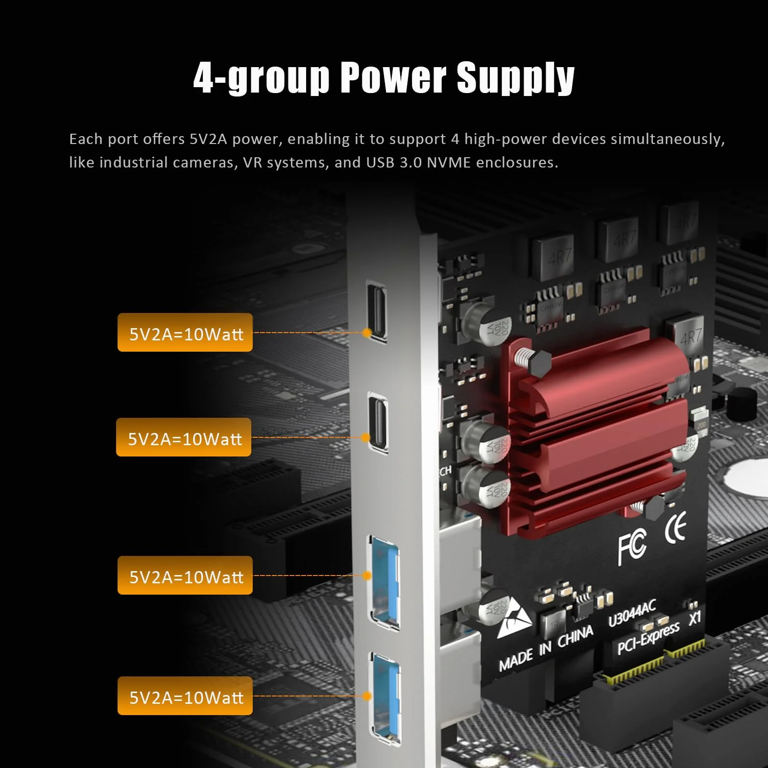 GLOTREND U3044AC 4-portowa karta rozszerzeń PCIe USB, 2 porty USB-C i 2 porty USB-A (USB 3.2 Gen 1), kompatybilna z systemami Windows i Linux (nie obsługuje systemu Mac OS)