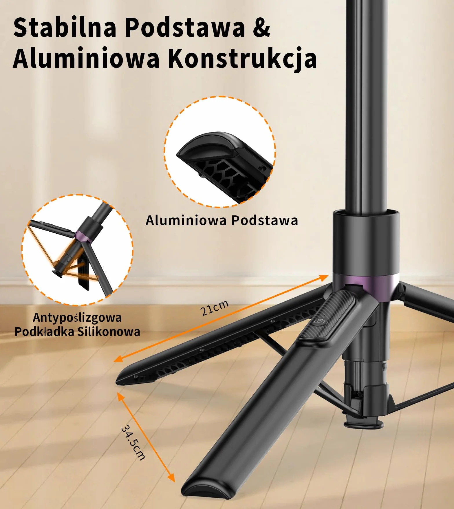 TONEOF 173cm Magnetyczny statyw do selfie, mocny magnetyczny uchwyt aluminiowy do Magsafe, obrót o 360°, wysuwany statyw z pilotem, przenośny statyw do telefonu komórkowego–Czarny Fioletowy