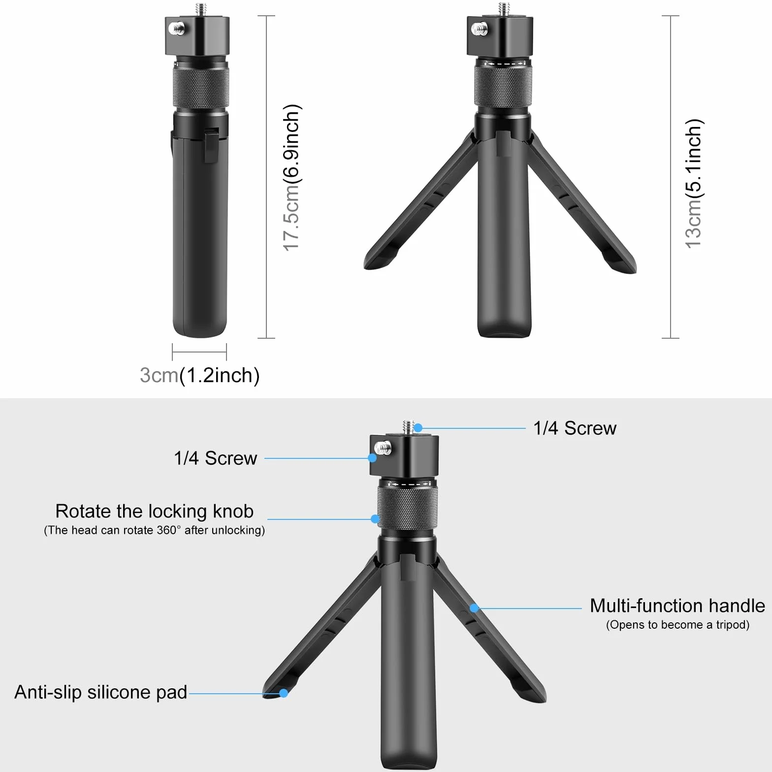 PULUZ Insta 360 x 4 statyw Insta 360 Bullet Time Handle, mini statyw z podwójnym 1/4 cala do Insta360 One X2, X3, X4, do Gopro Hero 12 11 10 8 7 6 5