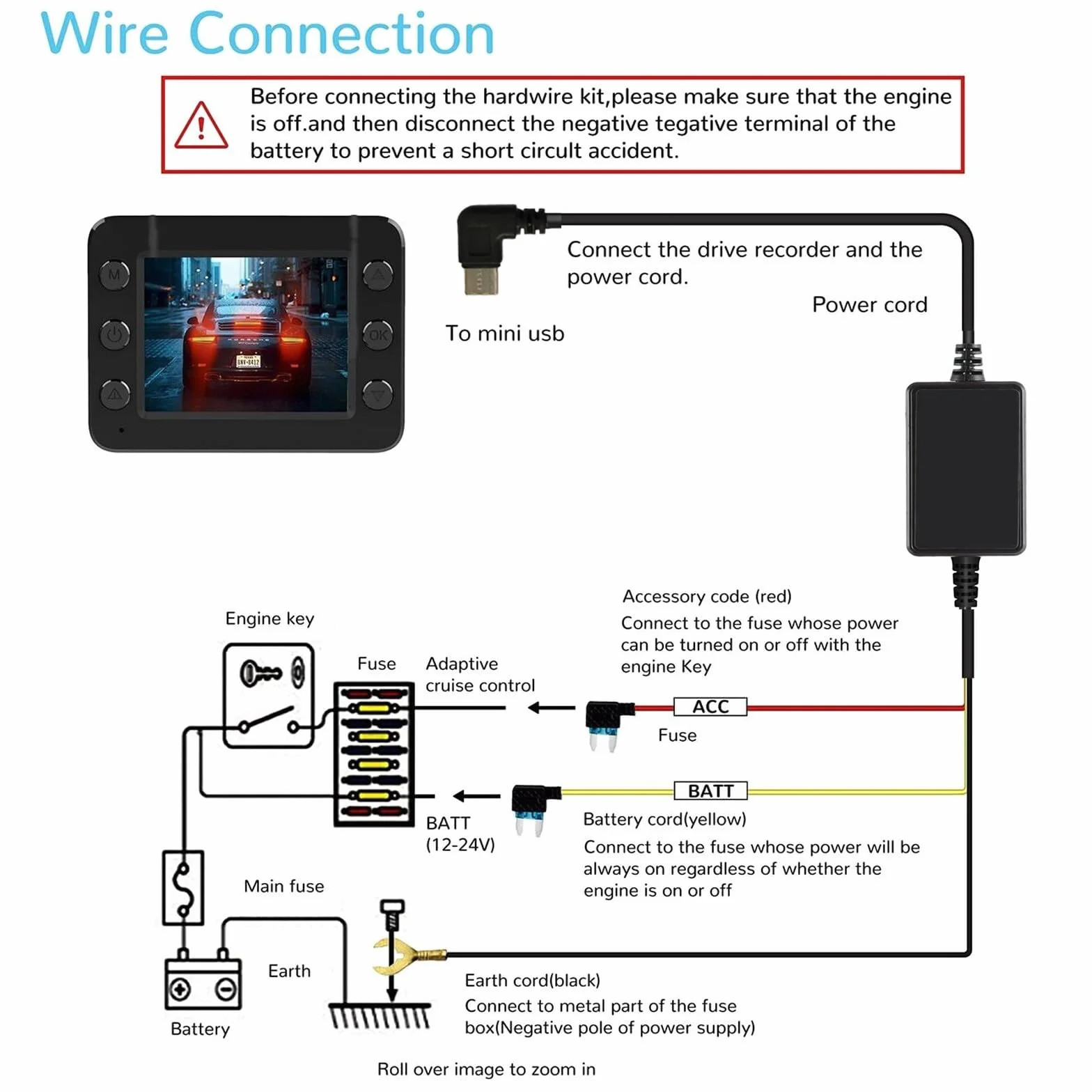 Zestaw Hardwire dla F7N wersja Typ-C Dashcam: zestaw Hardwire z łącznikiem Typ-C dla kamery samochodowej, monitoring parkowania, 12V/24V do 5V, kamera Dashcam z Hardwire i ochroną przed niskimi