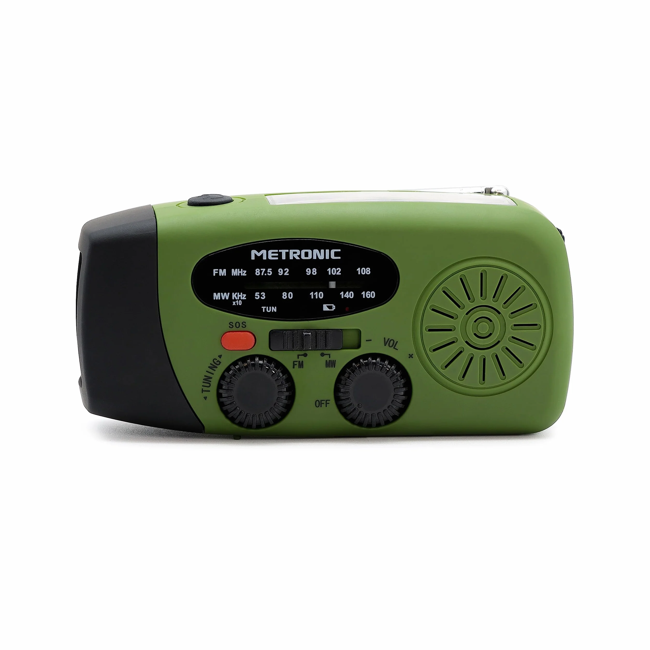 Metronic Radio FM Przenośne Solarne Ładowanie 2000mAh Dynamo - Stanowisko z przyciskiem SOS Awaryjne - Funkcja Latarki LED - Zielony i czarny - 477216