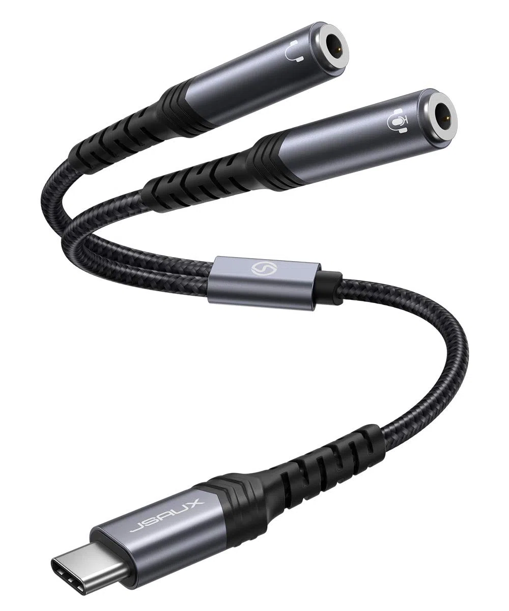 JSAUX Rozdzielacz słuchawek USB C jack AUX [28 cm] USB C na Dual 3,5 mm jack rozdzielacz audio Y kabel kompatybilny z iPhone 16/15 Pro Max Plus, Huawei P40, Galaxy S24 S23 S22 Ultra, kolor szary