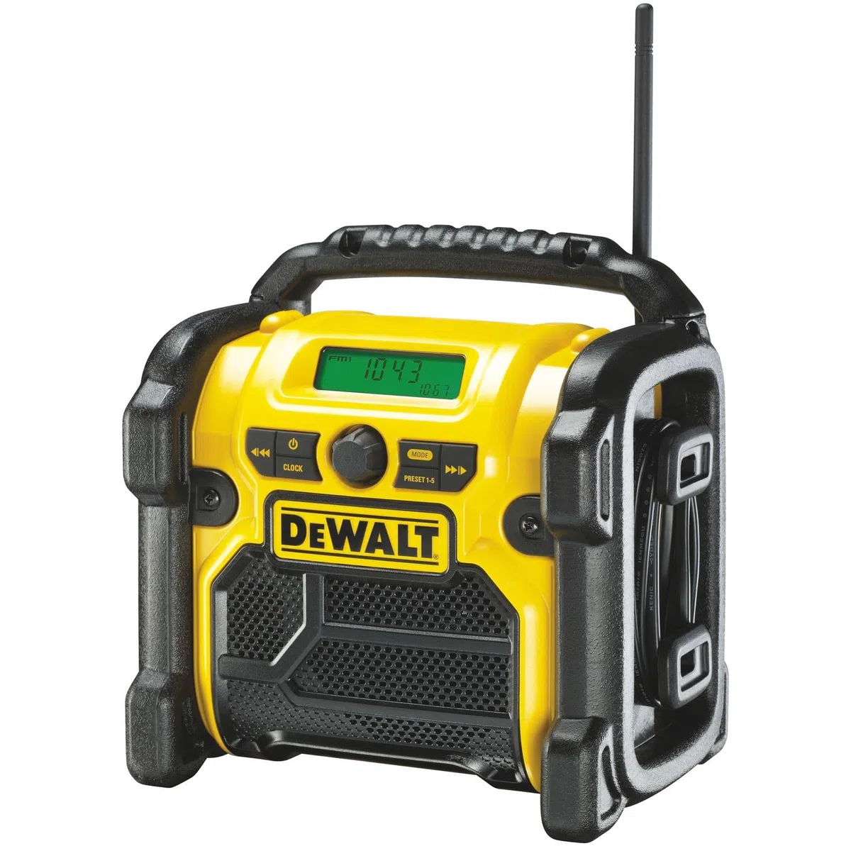 DEWALT Radio budowlane DCR019 – 2 w 1 akumulatorowe radio i sieć z wejściem AUX, wytrzymała obudowa, przechowywanie kabla, elastyczna antena i pałąk – przenośne radio do odbioru sygnałów analogowych