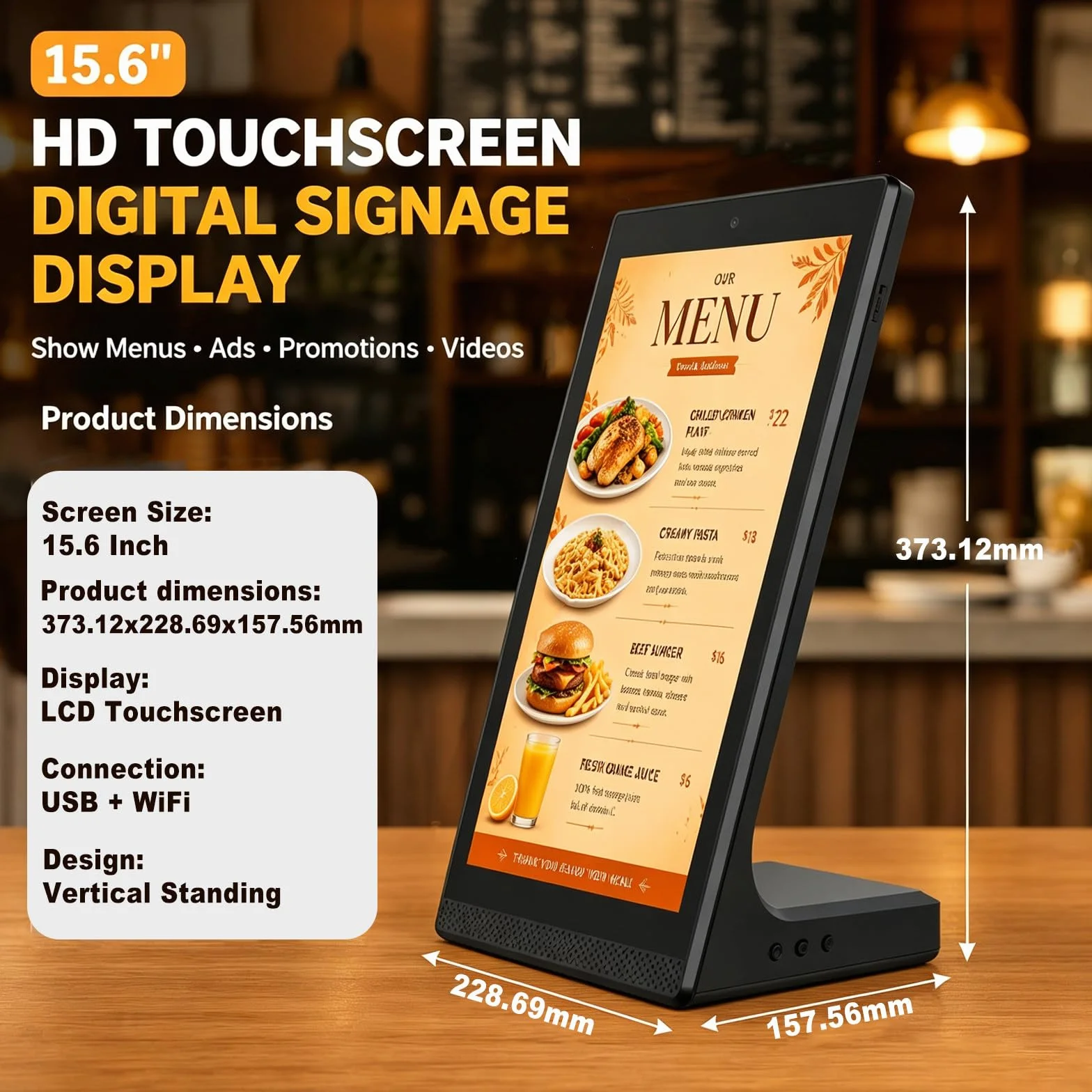 15,6-calowy ekran dotykowy do cyfrowej reklamy (Digital Signage) dla małych firm, cyfrowa tablica menu z Wi-Fi i USB, elektroniczny ekran reklamowy do restauracji, kawiarni i sklepu