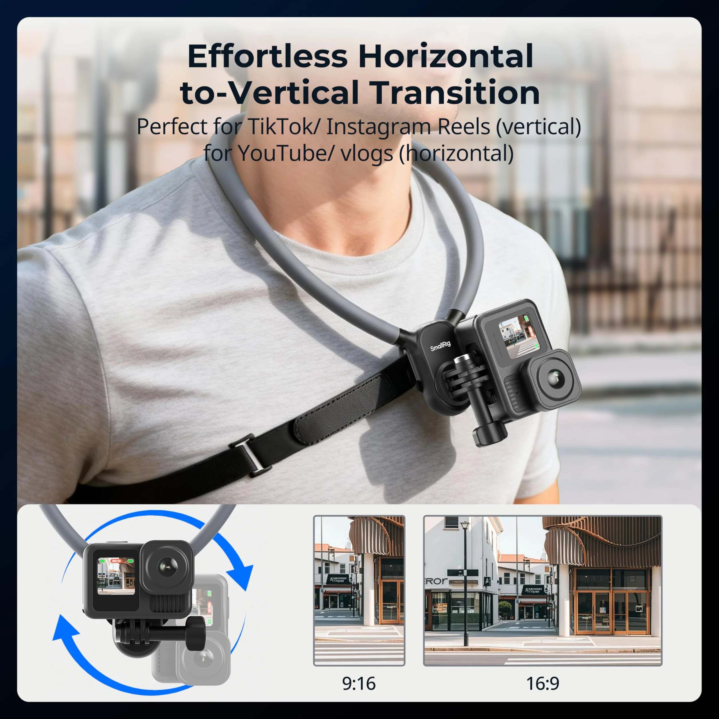SMALLRIG Uchwyt na szyję z paskiem piersiowym do kamer sportowych, z 2-bolcowym interfejsem do GoPro Hero 13/12/11/10/9, do DJI Osmo Action 5 pro/4/3, do Insta360 Ace Pro 2-5596